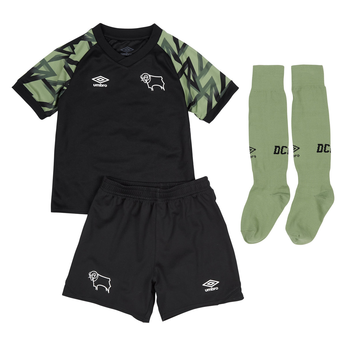 Umbro Derby County 22/23 Away Infant Kit Futbol Futbol Jersey Zeytin Yeşili Siyah | TR-75133