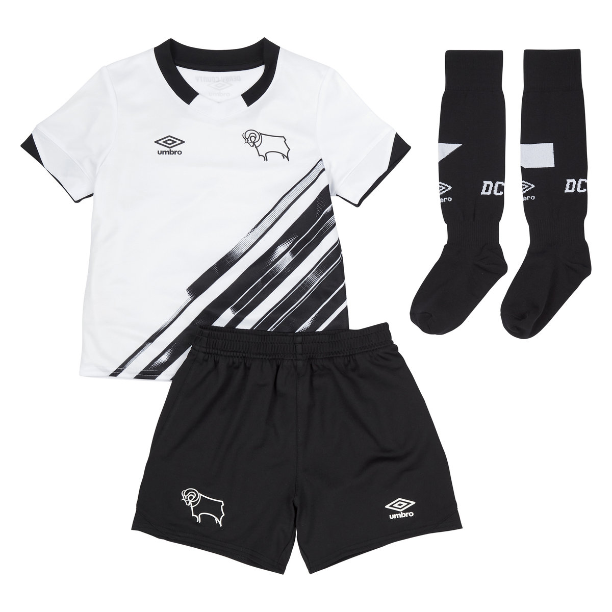 Umbro Derby County 22/23 Home Infant Kit Futbol Futbol Jersey Beyaz Siyah | TR-50301